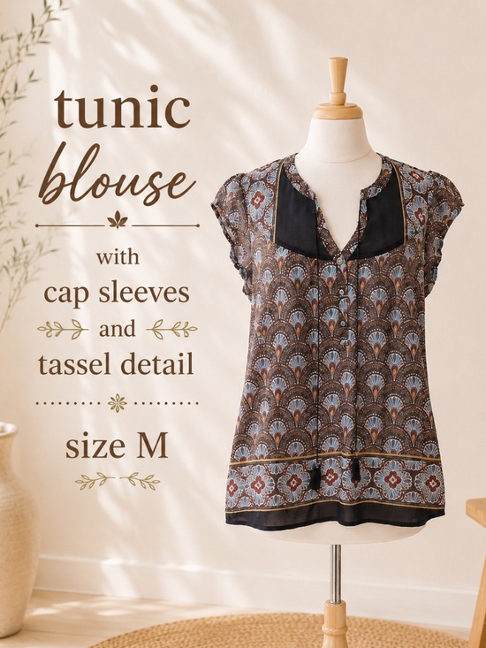 DR2 Tops - DR2 Sheer Cap Sleeve Blouse with Tassel Detail SZ US M